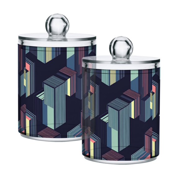 Yayeee 2 Pack Qtip Holder Bathroom Cotton Swab Canister with Lid Clear Dispenser Set, Cube Stripes