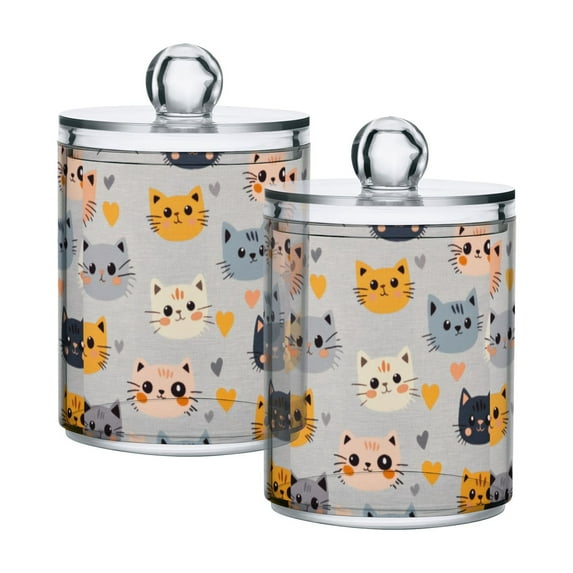 Yayeee 2 Pack Qtip Holder Bathroom Cotton Swab Canister with Lid Clear Dispenser Set, Cute Cartoon Cat
