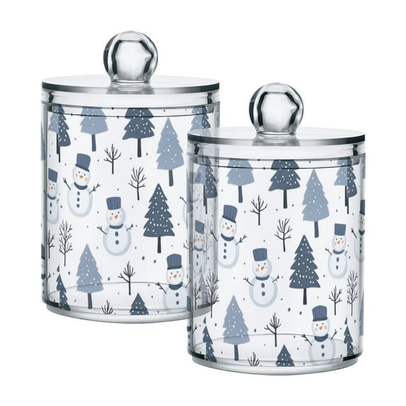 Yayeee 2 Pack Qtip Holder Bathroom Cotton Swab Canister with Lid Clear Dispenser Set, Cute Snowmen