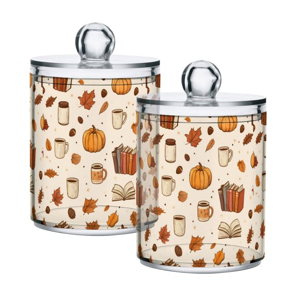 Yayeee 2 Pack Qtip Holder Bathroom Cotton Swab Canister with Lid Clear Dispenser Set, Fall Beige Pumpkin