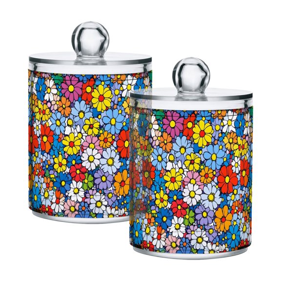 Yayeee 2 Pack Qtip Holder Bathroom Cotton Swab Canister with Lid Clear Dispenser Set, Floral Fiesta