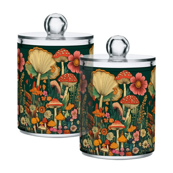 Yayeee 2 Pack Qtip Holder Bathroom Cotton Swab Canister with Lid Clear Dispenser Set, Floral Mushroom