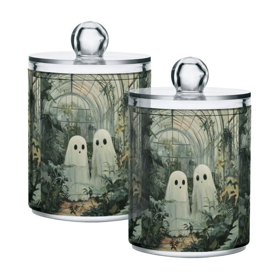 Yayeee 2 Pack Qtip Holder Bathroom Cotton Swab Canister with Lid Clear Dispenser Set, Ghosts Playing in A Garden