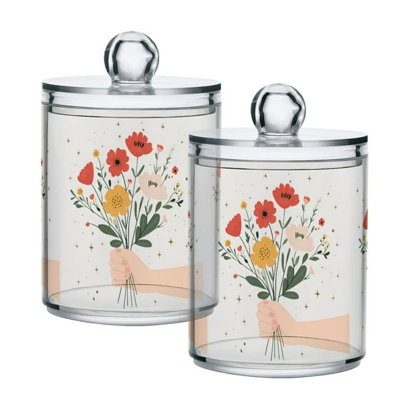 Yayeee 2 Pack Qtip Holder Bathroom Cotton Swab Canister with Lid Clear Dispenser Set, Gray Cute Flower