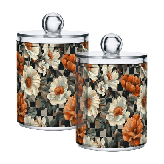 Yayeee 2 Pack Qtip Holder Bathroom Cotton Swab Canister with Lid Clear Dispenser Set, Gray Floral Pattern