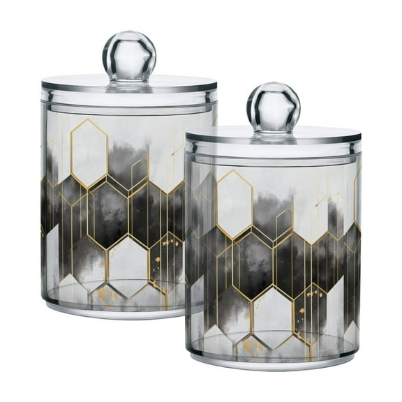Yayeee 2 Pack Qtip Holder Bathroom Cotton Swab Canister with Lid Clear Dispenser Set, Gray Hexagons