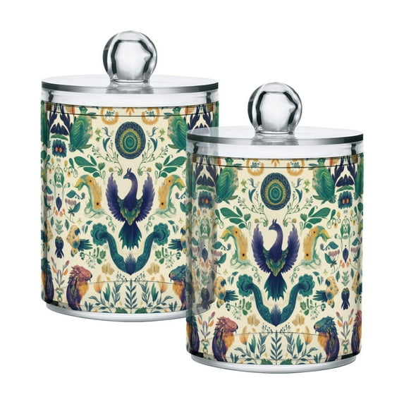 Yayeee 2 Pack Qtip Holder Bathroom Cotton Swab Canister with Lid Clear Dispenser Set, Green Animals Pattern