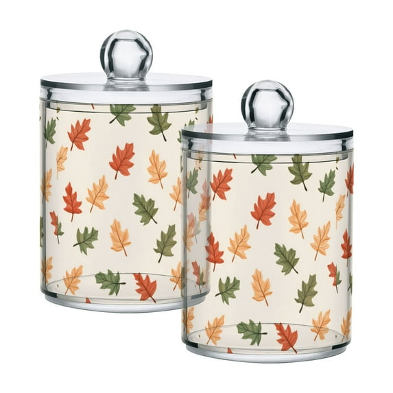 Yayeee 2 Pack Qtip Holder Bathroom Cotton Swab Canister with Lid Clear Dispenser Set, Green Autumn Leaves