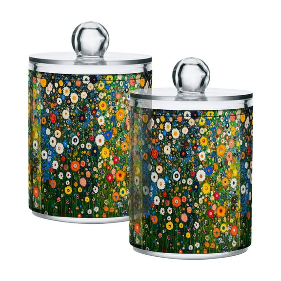 Yayeee 2 Pack Qtip Holder Bathroom Cotton Swab Canister with Lid Clear Dispenser Set, Green Floral Garden