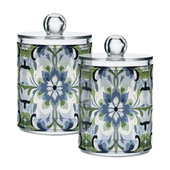 Yayeee 2 Pack Qtip Holder Bathroom Cotton Swab Canister with Lid Clear Dispenser Set, Green Floral