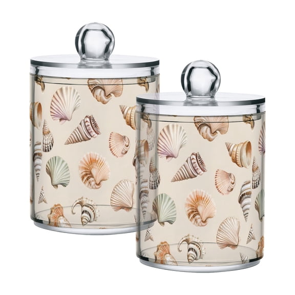 Yayeee 2 Pack Qtip Holder Bathroom Cotton Swab Canister with Lid Clear Dispenser Set, Green Watercolor Seashells