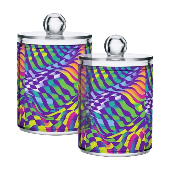 Yayeee 2 Pack Qtip Holder Bathroom Cotton Swab Canister with Lid Clear Dispenser Set, Green Wavy Pattern