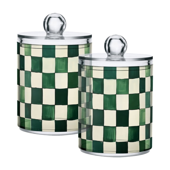 Yayeee 2 Pack Qtip Holder Bathroom Cotton Swab Canister with Lid Clear Dispenser Set, Green and White Plaid Pattern