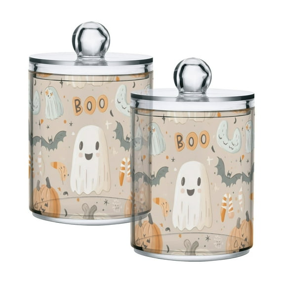 Yayeee 2 Pack Qtip Holder Bathroom Cotton Swab Canister with Lid Clear Dispenser Set, Halloween Ghosts