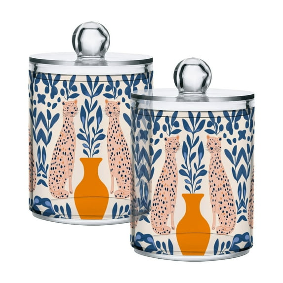 Yayeee 2 Pack Qtip Holder Bathroom Cotton Swab Canister with Lid Clear Dispenser Set, Leopards Leaves