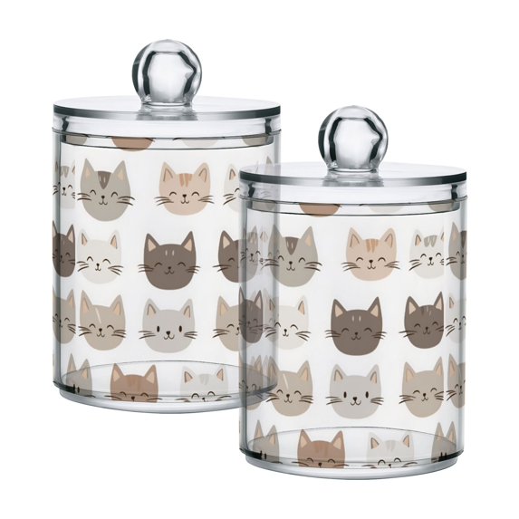 Yayeee 2 Pack Qtip Holder Bathroom Cotton Swab Canister with Lid Clear Dispenser Set, Light Gray Cat Pattern