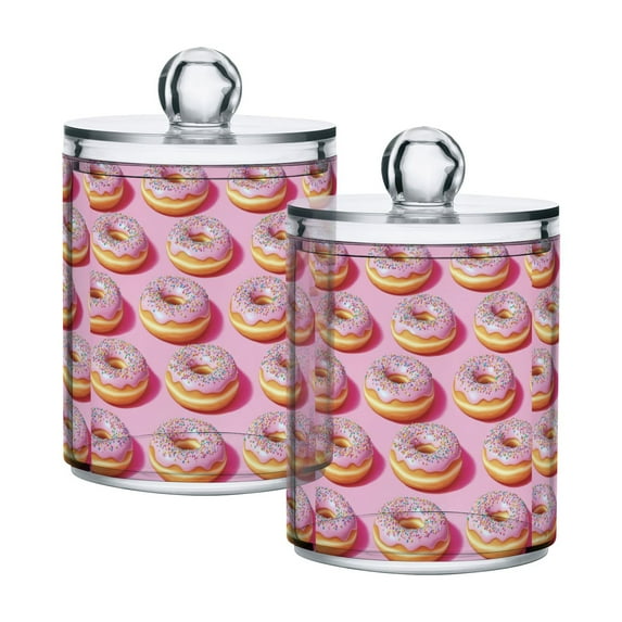 Yayeee 2 Pack Qtip Holder Bathroom Cotton Swab Canister with Lid Clear Dispenser Set, Light Pink Doughnuts