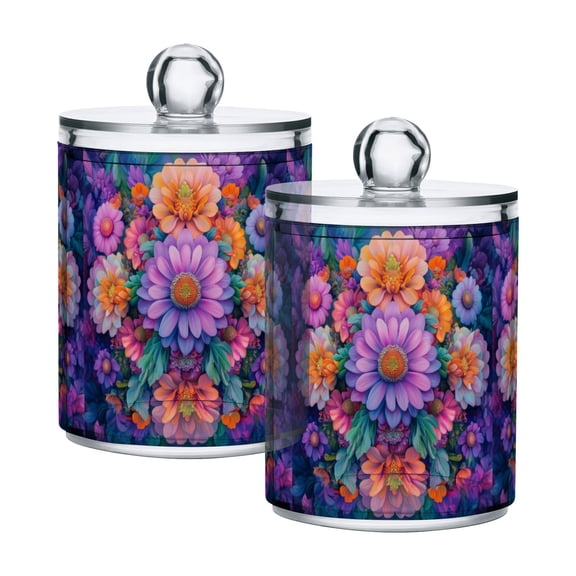 Yayeee 2 Pack Qtip Holder Bathroom Cotton Swab Canister with Lid Clear Dispenser Set, Light Purple Flowers