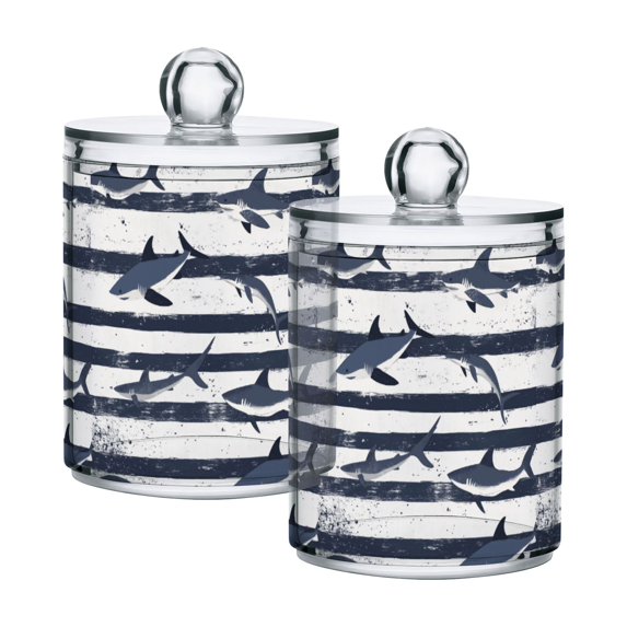 Yayeee 2 Pack Qtip Holder Bathroom Cotton Swab Canister with Lid Clear Dispenser Set, Light Sharks