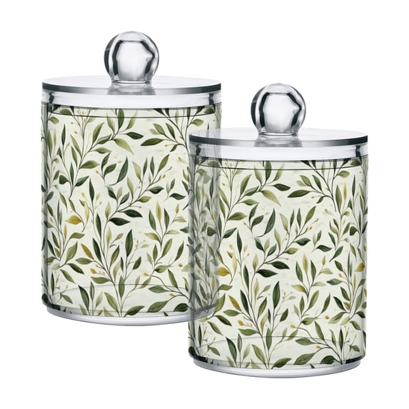 Yayeee 2 Pack Qtip Holder Bathroom Cotton Swab Canister with Lid Clear Dispenser Set, Lush Greenery