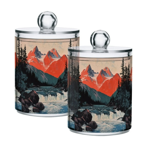 Yayeee 2 Pack Qtip Holder Bathroom Cotton Swab Canister with Lid Clear Dispenser Set, Mountains at Dawn