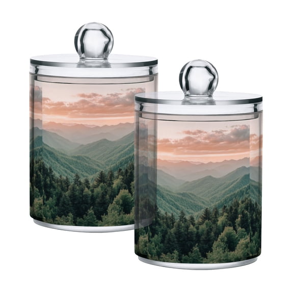 Yayeee 2 Pack Qtip Holder Bathroom Cotton Swab Canister with Lid Clear Dispenser Set, Mountains at Dawn