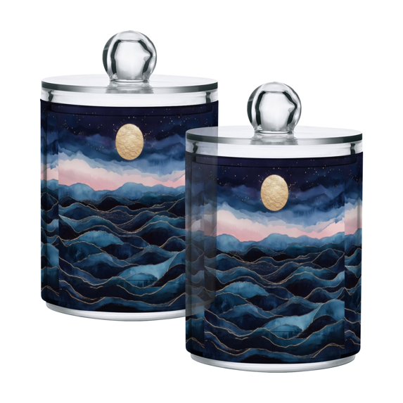 Yayeee 2 Pack Qtip Holder Bathroom Cotton Swab Canister with Lid Clear Dispenser Set, Ocean Waves