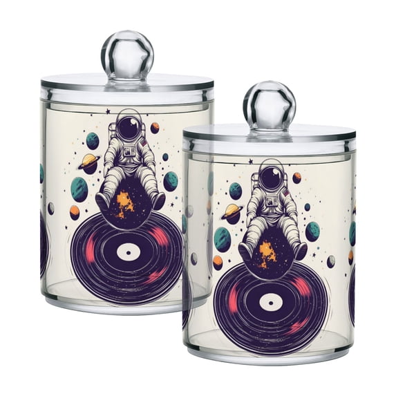 Yayeee 2 Pack Qtip Holder Dispenser for Bathroom with Lid Cotton Swab Canister, Orange Astronaut Planet