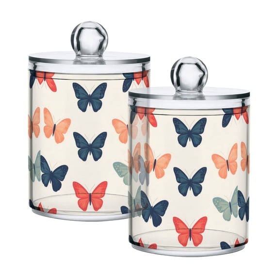 Yayeee 2 Pack Qtip Holder Bathroom Cotton Swab Canister with Lid Clear Dispenser Set, Orange Butterflies