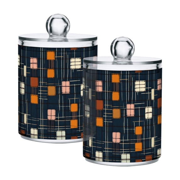Yayeee 2 Pack Qtip Holder Bathroom Cotton Swab Canister with Lid Clear Dispenser Set, Orange Checkered Pattern
