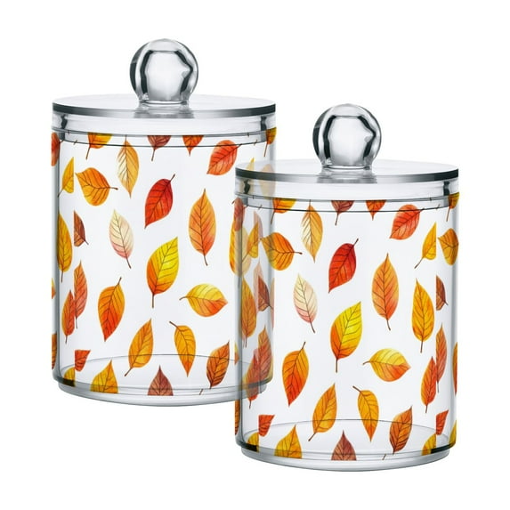 Yayeee 2 Pack Qtip Holder Bathroom Cotton Swab Canister with Lid Clear Dispenser Set, Orange Leaves