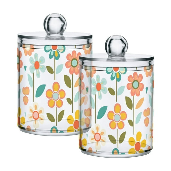 Yayeee 2 Pack Qtip Holder Bathroom Cotton Swab Canister with Lid Clear Dispenser Set, Orange Retro Flower