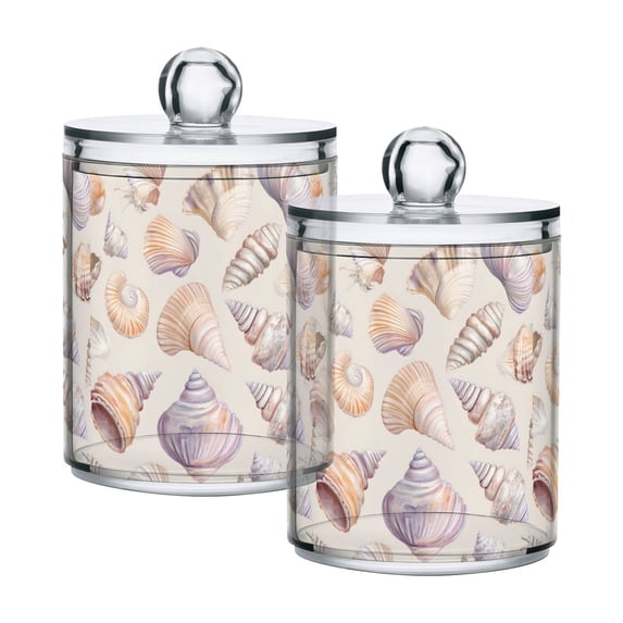 Yayeee 2 Pack Qtip Holder Bathroom Cotton Swab Canister with Lid Clear Dispenser Set, Orange Watercolor Seashells