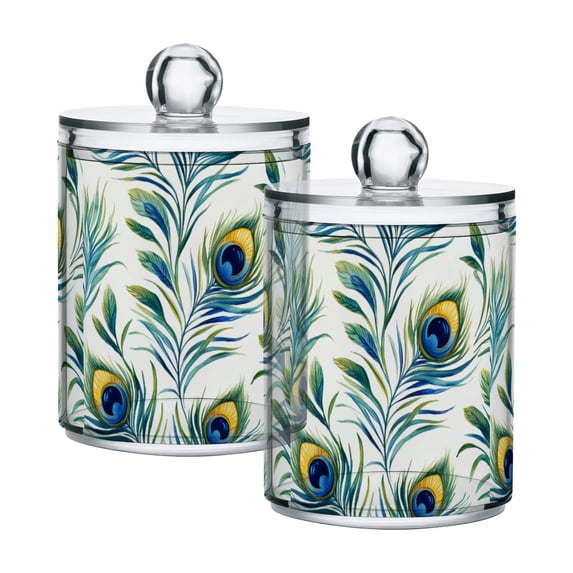 Yayeee 2 Pack Qtip Holder Bathroom Cotton Swab Canister with Lid Clear Dispenser Set, Peacock Feather