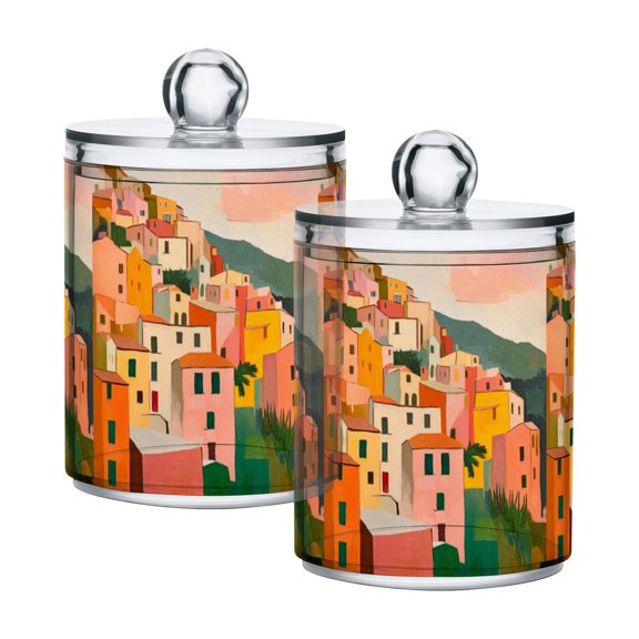 Yayeee 2 Pack Qtip Holder Bathroom Cotton Swab Canister with Lid Clear Dispenser Set, Pink Cityscape Painting