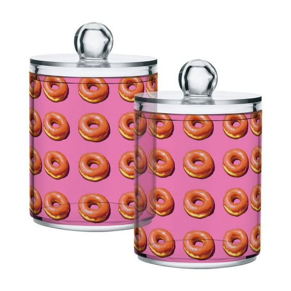 Yayeee 2 Pack Qtip Holder Bathroom Cotton Swab Canister with Lid Clear Dispenser Set, Pink Doughnuts