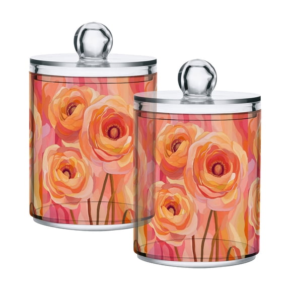 Yayeee 2 Pack Qtip Holder Bathroom Cotton Swab Canister with Lid Clear Dispenser Set, Pink Flowers