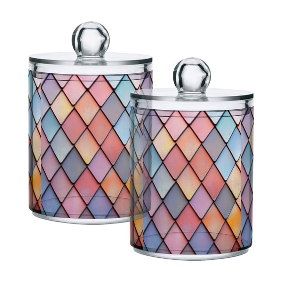 Yayeee 2 Pack Qtip Holder Bathroom Cotton Swab Canister with Lid Clear Dispenser Set, Pink Shimmering Pattern