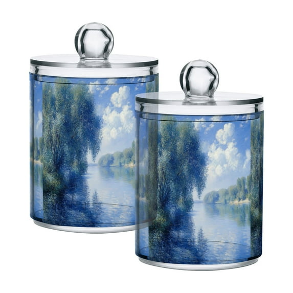 Yayeee 2 Pack Qtip Holder Bathroom Cotton Swab Canister with Lid Clear Dispenser Set, Plants and River