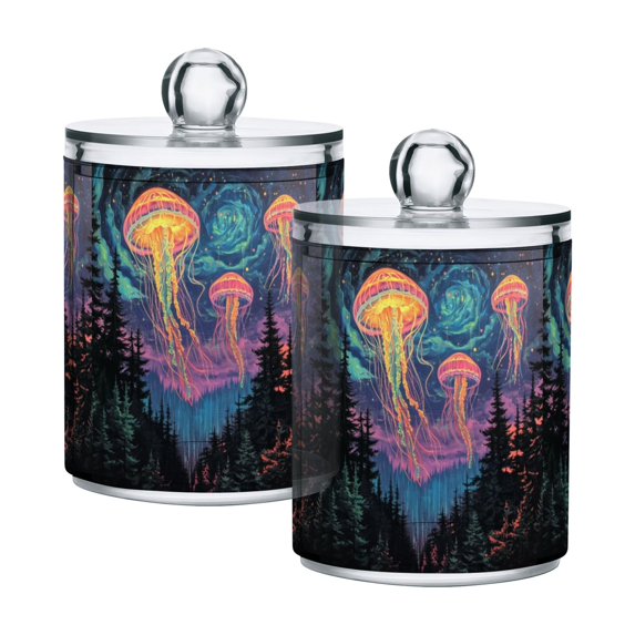 Yayeee 2 Pack Qtip Holder Bathroom Cotton Swab Canister with Lid Clear Dispenser Set, Psychedelic Jellyfish