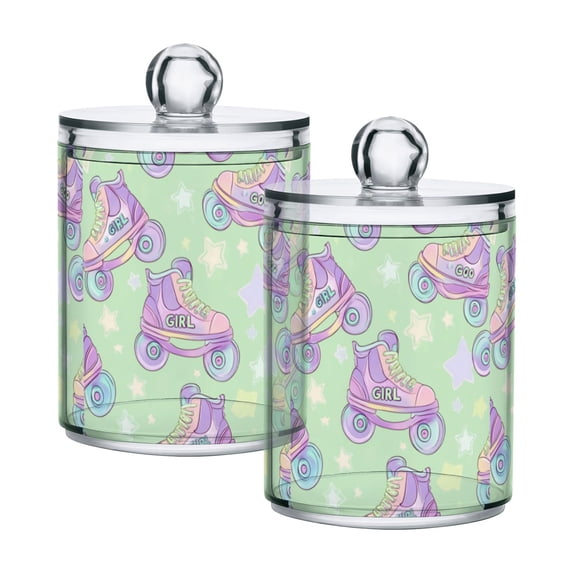 Yayeee 2 Pack Qtip Holder Bathroom Cotton Swab Canister with Lid Clear Dispenser Set, Purple Skates