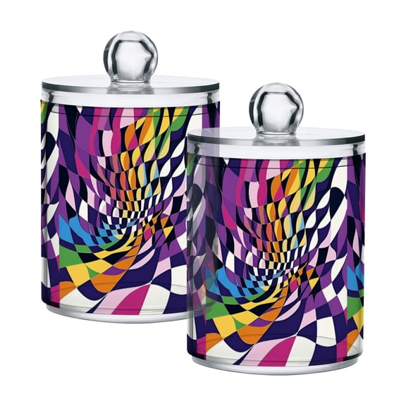 Yayeee 2 Pack Qtip Holder Bathroom Cotton Swab Canister with Lid Clear Dispenser Set, Purple Wavy Plaid
