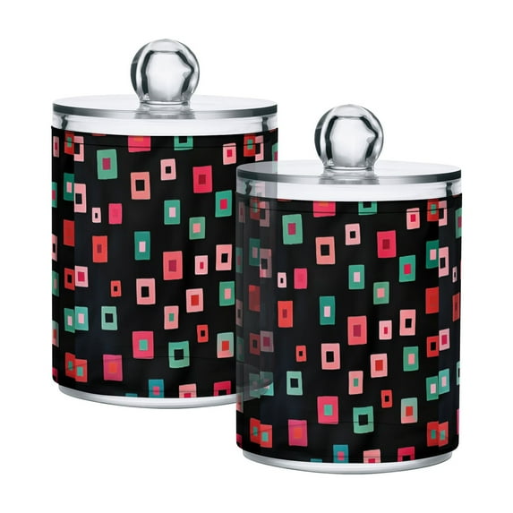 Yayeee 2 Pack Qtip Holder Bathroom Cotton Swab Canister with Lid Clear Dispenser Set, Red Block Pattern