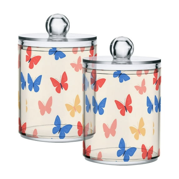 Yayeee 2 Pack Qtip Holder Bathroom Cotton Swab Canister with Lid Clear Dispenser Set, Red Butterflies