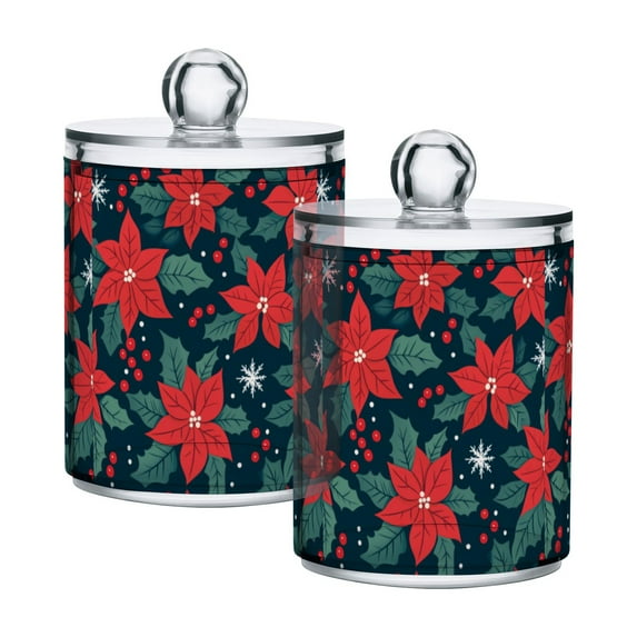 Yayeee 2 Pack Qtip Holder Bathroom Cotton Swab Canister with Lid Clear Dispenser Set, Red Christmas Leaves
