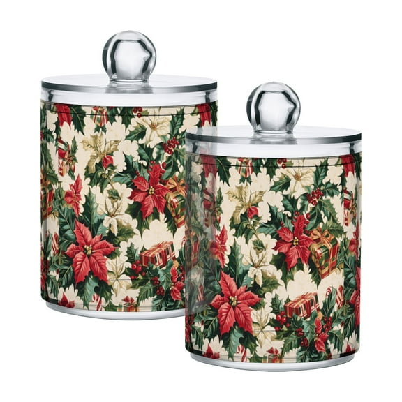 Yayeee 2 Pack Qtip Holder Bathroom Cotton Swab Canister with Lid Clear Dispenser Set, Red Christmas Poinsettia
