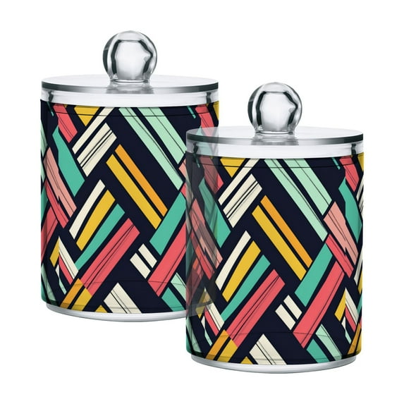 Yayeee 2 Pack Qtip Holder Bathroom Cotton Swab Canister with Lid Clear Dispenser Set, Red Geometric