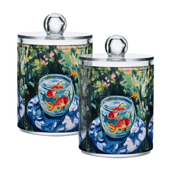 Yayeee 2 Pack Qtip Holder Bathroom Cotton Swab Canister with Lid Clear Dispenser Set, Red Goldfish