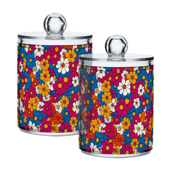 Yayeee 2 Pack Qtip Holder Bathroom Cotton Swab Canister with Lid Clear Dispenser Set, Red Whimsical Floral