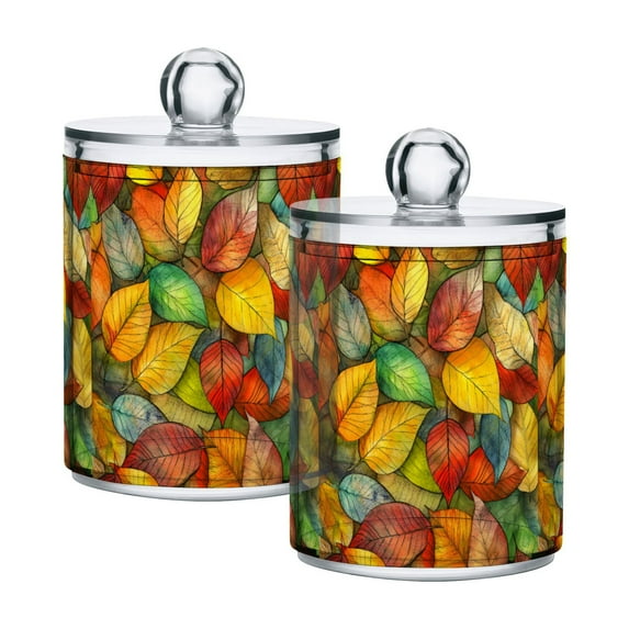 Yayeee 2 Pack Qtip Holder Bathroom Cotton Swab Canister with Lid Clear Dispenser Set, Retro Autumn Leaves